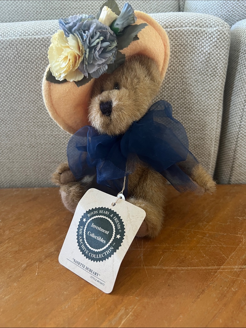 Boyds Bears Brown Plush with Peach Floral Hat and Navy Bow